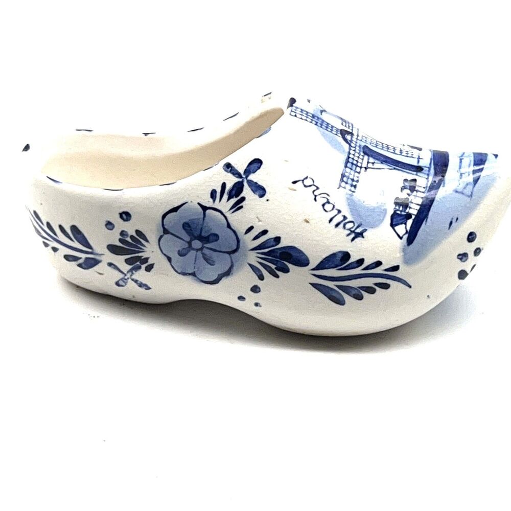 Vintage Delft Blue Dutch Shoe Hand Painted Blue White Ceramic 5” Windmill Floral